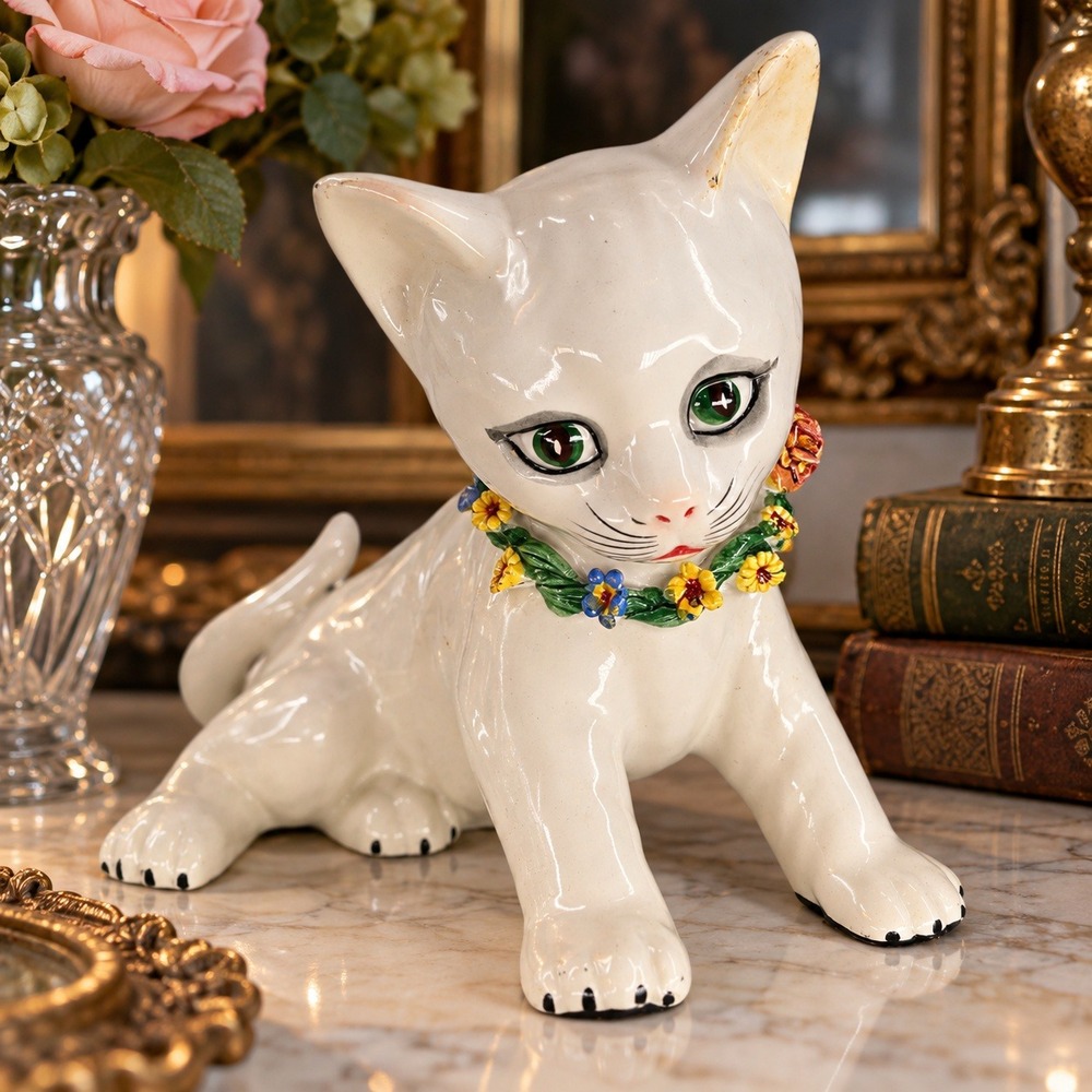 Vintage Italian Ceramic Cat Figurine Capodimonte Floral Collar Green Eyes 1960s